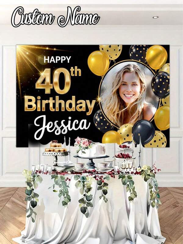 1pc Customized Happy Birthday Background, Black Gold Theme Printed Poster, Personalized Photo And Name Poster For Decorations And Photography Props