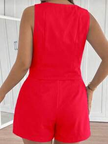 MICHLEE Women's Plus Size Set With Sleeveless Vest And Tailored Shorts - Red - View 5