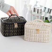 Bolsa Cosmética com Zíper Xadrez na Moda - Organizador de Maquiagem Leve e Portátil, Ideal para Viagens de Mulheres - Multicolorido - Visão 10