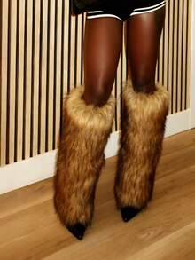 Women's Fluffy Fur Pointed Toe Stiletto Heels Knee High Boots Holiday Vacay Vibe For Elegant Fashionable Boots Spring Summer Party Evening Gala - 棕色 - 查看 3