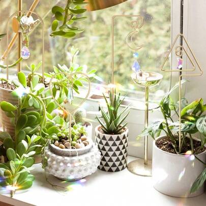 4pcs Prism Planting Stakes Flower Pot Decoration, Garden Decoration, Home Decoration Small Trellis For Potted Plants Indoor With Colorful Crystal Sun Catcher