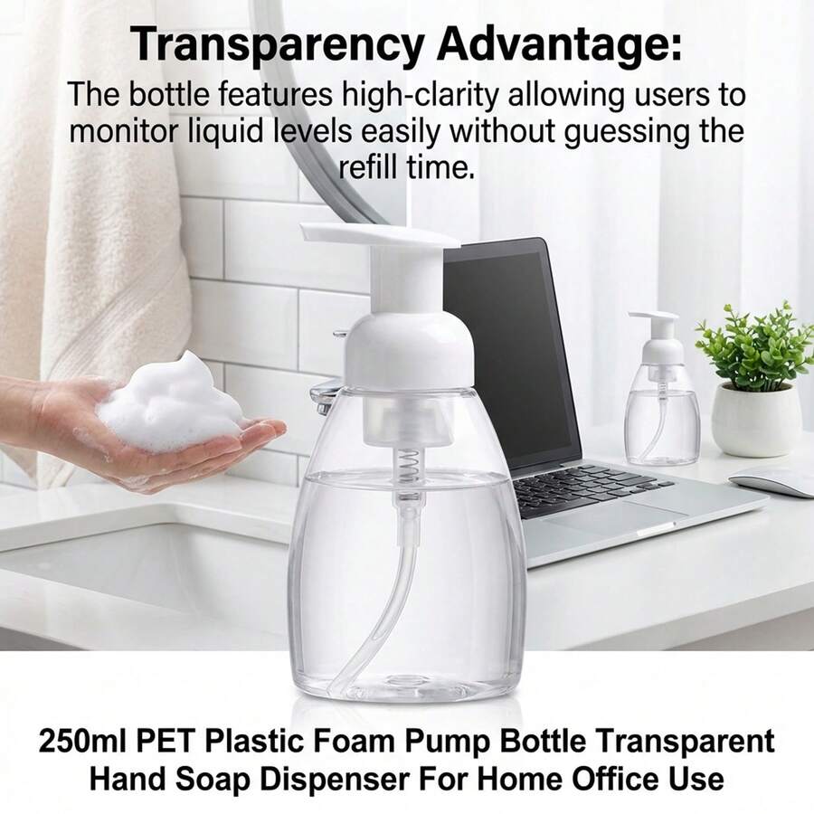 250ml PET Plastic Foam Pump Bottle Transparent Hand Soap Dispenser For Home Office Use - White - View 1