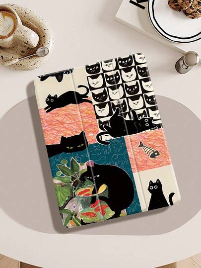 Black Cat Splicing Pattern Protective Case Compatible With IPad Air 4/5 10.9 Inches, IPad 7/8/9th 10.2 Inches, 10th Generation IPad, Built In Pencil Slot, Supports Automatic Sleep/Wake Cover, Compatible With Samsung Tab S6 10.4 Inches, Tab A9 11 Inches, Kindle Paperwhite 12th Gen 2024, Ins Glitter Style Protective Case, Valentine's Day, New Year's Gift