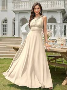 Volly Toych 露肩褶皱雪纺优雅喇叭形正式伴娘礼服，适合婚礼宾客 - 香檳色 - 查看 4