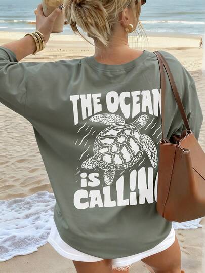 Women's Summer New Simple Turtle And Slogan Print Casual Holiday Style Loose Versatile Round Neck Short Sleeve T-Shirt Fashionable Daily Tops Suitable For Daily Vacation Wear