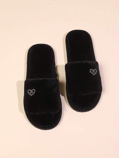 New Women Simple Fashion Heart Decor Plush Open Toe Slippers, Comfortable Fluffy Indoor House Slippers For Bedroom And Living Room, Suitable For Spring/Autumn