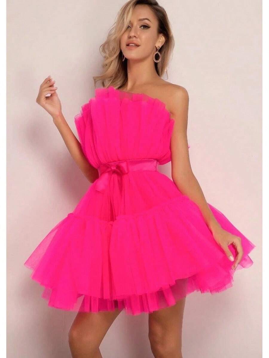 2026 Wish Strapless Mesh Elegant Bow Puffy Dress - Hot Pink - View 1