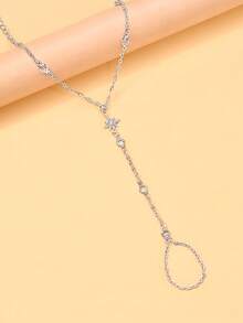 1pc Silver Star Linked Finger Chain Bracelet Ring Set, Summer Elegant Rhinestone Jewelry - Silver - View 5