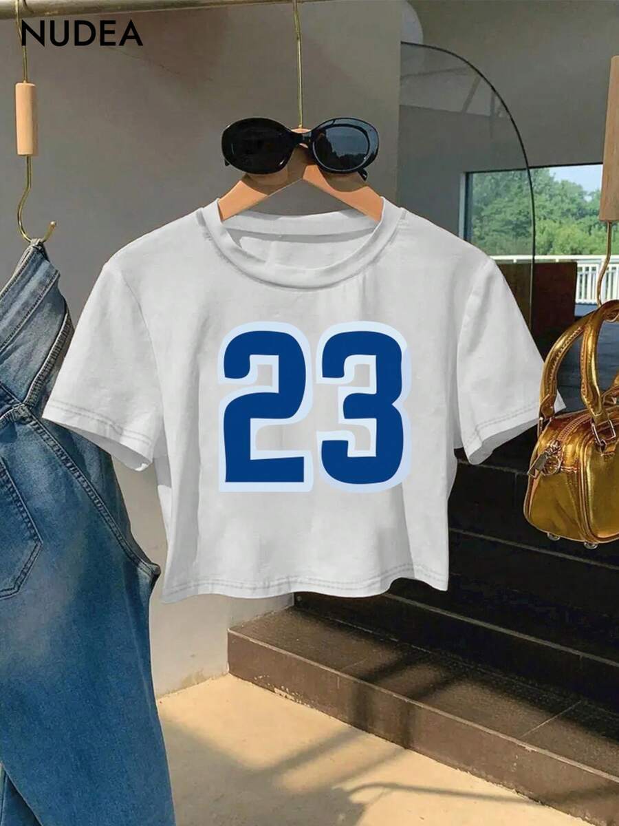 NUDEA 1pc Women'S Casual Black T-Shirt With Bold "23" Print - Short Sleeve, Round Neck, Lightweight Polyester, Machine Washable, Spring/Summer Fashion Top, Versatile For Casual Attire, Versatile Fashion| Bold Number Print| Lightweight Teevalentine's Day Shirts - 白色 - 查看 1