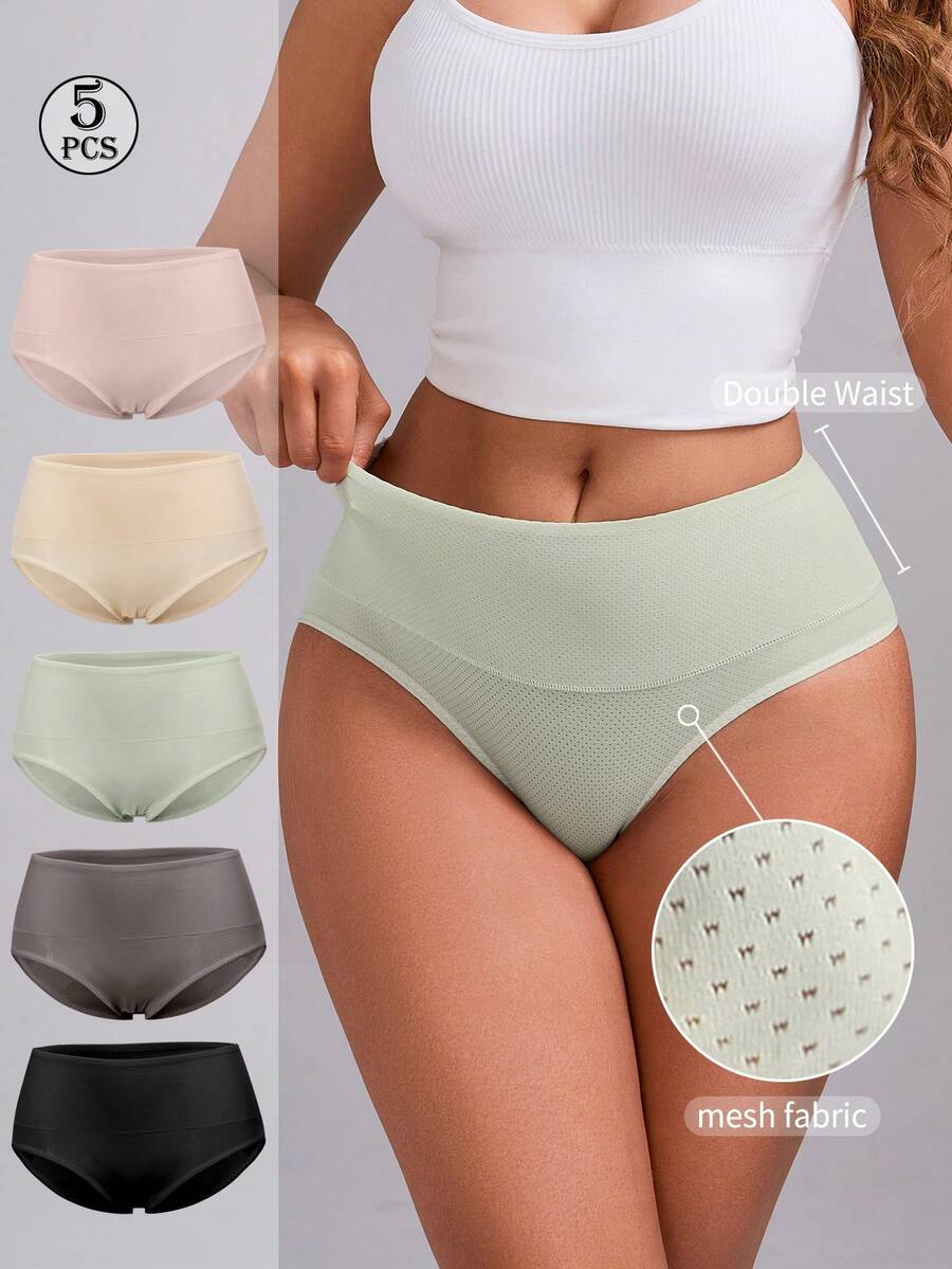 Bộ 5 quần lót bikini nữ màu trơn, cạp trung, chất liệu lưới polyester, thoải mái, thoáng khí, kiểu dáng tối giản, co giãn, phù hợp cho thể thao, tập thể dục, sinh hoạt hàng ngày, bộ đồ lót. - Nhiều màu - Xem 1