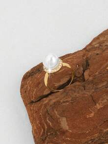 1pc Minimalist Faux Pearl Open Ring With Micro-Inlaid Rhinestones, Suitable For Daily Wear, Weddings, Parties, Beach Vacations And Various Occasions - Gold - View 3