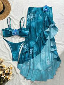 3件套女士印花优雅性感露背系带3D花朵裙比基尼套装，适合度假海滩、春夏假期穿着。 - 薄荷藍 - 查看 3