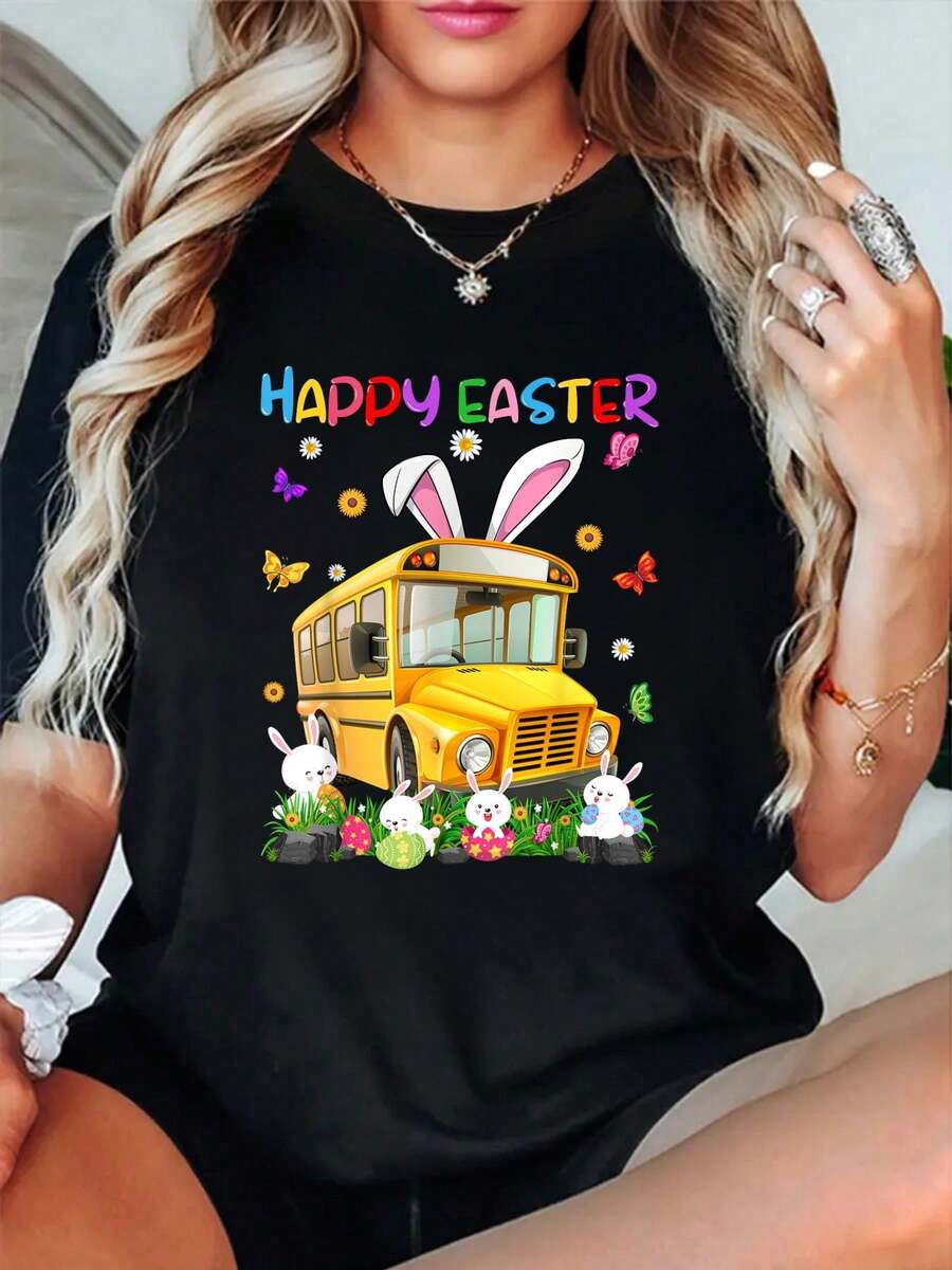 T-shirt 100% coton Jour de Pâques avec bus scolaire, oreilles de lapin, lapins et œufs de Pâques. Col rond, manches courtes, mode streetwear, respirant, doux, unisexe, vêtements de créateur pour femmes, vêtements décontractés - Noir - Voir 1