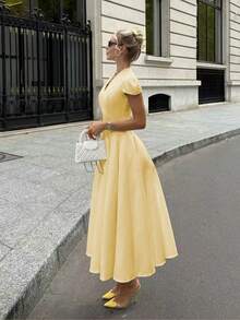 Đầm chữ A thanh lịch cổ chữ V tay phồng, thắt eo, dáng ôm vừa vặn, thích hợp mặc thường ngày hoặc đi làm cho nữ, mùa hè. - Màu vàng - Xem 5