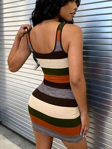 女士夏季条纹无袖吊带连衣裙，Y2K复古修身短裙，适合休闲、舒适、街头、度假、节日等场合穿着 - 彩色 - 查看 2