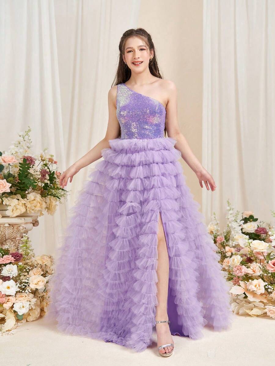 ALISA&LEO 这款单肩礼服专为青少年设计，采用高开衩、多层雪纺A字裙摆和网纱拼接细节。非常适合宴会、正式派对、舞会、毕业典礼和颁奖典礼等场合。 - 紫丁香色 - 查看 1