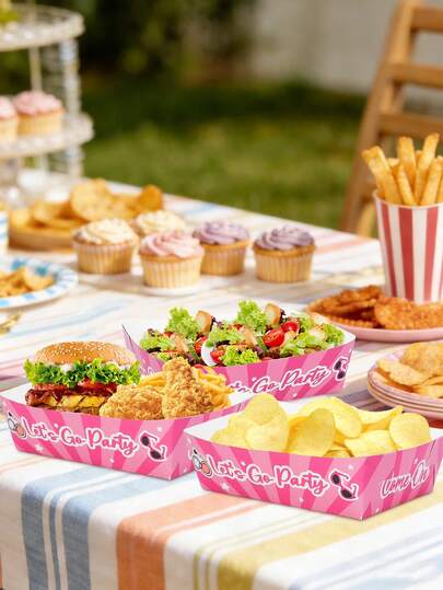 20个/40个/60个装亮粉色女孩纸质食品托盘，亮粉色派对用品，大号纸质食品托盘，带一次性粉色公主图案，适合女孩公主派对，可盛放热狗、爆米花、玉米片等小吃。