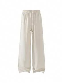 男士杏色亚麻质感抽绳直筒裤，柔软透气面料，适合休闲、度假、夏季及日常通勤，复古绅士风格 - 杏色 - 查看 4