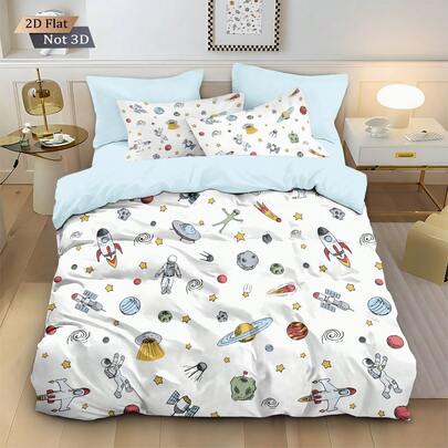 3pcs Astronaut Digital Print Bedding Set, Includes 1 Duvet Cover And 2 Pillowcases, Soft And Comfortable Polyester Bedding, Suitable For Home Decor, Gifts For Boys, Girls, Teens, All Seasons