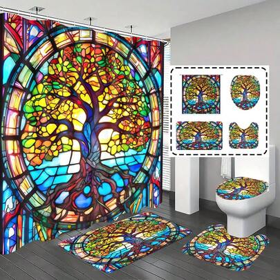 1pc/4pcs Bathroom Shower Curtain Set, Bathroom Decor, Bathroom Rug, Home Decoration, Bath Mat, Glass Tree Pattern, Gift, Decor, Bathroom Set, Comes With 12 Hooks