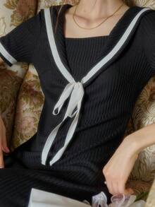 Simple Retro Women's Spring And Summer Models Navy Collar Front Middle Tie Knot Black And White Collision Romantic Elegant Retro Temperament Slim Short-Sleeved MIDI Dresses - Black - View 3