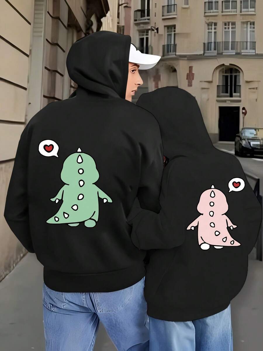 One Piece Casual Hoodie For Couples, Cute Cartoon Dinosaur Print, Suitable For Autumn And Winter Wear, Machine Washable, Can Be Given As A Gift, Popular Hoodie - màu đen - Xem 1