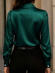 Women's New Arrival Satin Button-Down Shirt, Fashionable, Versatile, Suitable For All Seasons Spring - Dark Green - View 3