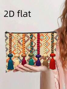 1个2D扁平亮丽流苏印花化妆包 - 耐用、不褪色拉链袋，双面印花，轻便可折叠旅行收纳包 - 彩色 - 查看 10