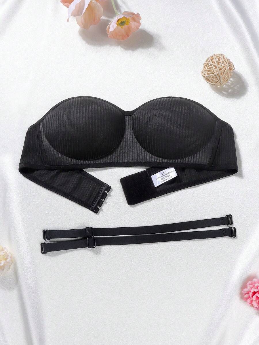 Young Girls' Ribbed Wire-Free Push-Up Bra, Comfortable Strapless Bra With Detachable Shoulder Straps,Suitable For Girls Aged 13-16. - Black - View 1
