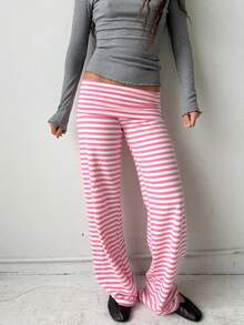Women Y2k Low Waist Loose Fit Trousers Cute Striped Wide Flare Leg Pants Stretchy Folds Over Lounge Home Sweatpants - 粉色 - 查看 3