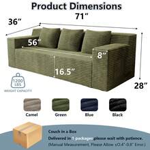 71 Inch 3-Seater Sofa, Corduroy Fabric Modular Sectional Sofa, Deep Seat Couch No Assembly Required For Living Room, Bedroom, And Apartment - 綠色 - 查看 4