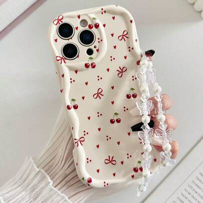 奶油色纹理波浪边亮面心形、樱桃、蝴蝶结装饰彩绘防摔手机壳，配串珠手链配件，兼容 17 Pro/17 Air/17/17 Pro Max/16/11/16 Pro/16 Plus/16 Pro Max/16 e/15 Pro Max/13/14/12/XS/XR/7G/8P、Galaxy，国际版，非国内版