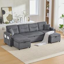 Modern 4-Person-Samtsofa With Suitable Chaiselongues, Integrated Stauraum, Getränkehaltern, USB-Anschlüssen Und Ausziehbarer Schlaffunktion – Style Für Jedes Wohnzimmer.Kohleschwarz - Carbon Gray + Corduroy + Foam + 4 Seat - View 3