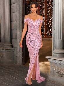 Romagic Elegant Rosa Paljettklänning Brudtärnor Balklänning För Dam Bara Axlar Slits Rygglös Spetsning - Rosa - Visa 4