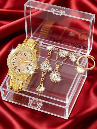一套女士手表，锌合金表带，闪亮水钻装饰，圆形表盘，石英机芯，包含配套项链、耳环、戒指和手链，适合日常佩戴、生日礼物、派对、节日聚会等场合，是送给自己或朋友的理想礼物。不含包装盒。