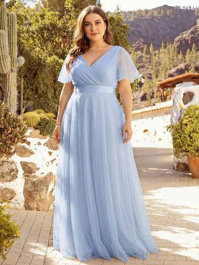 Plus Elegant Tulle Ruched Bust High Waist Baby Blue Bridesmaid Dress Spring Summer Wedding Guest Dress Formal Dresses Mother Of The Bride Dresses For Wedding Party