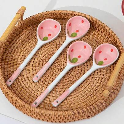 1pc Ceramic Strawberry Design Soup Spoon, Long Handle Dessert Spoon, Cute Tableware For Home Use