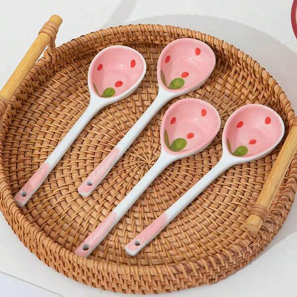 1 st keramisk soppsked med jordgubbsmotiv, dessertsked med långt skaft, söt porslin för hemmabruk