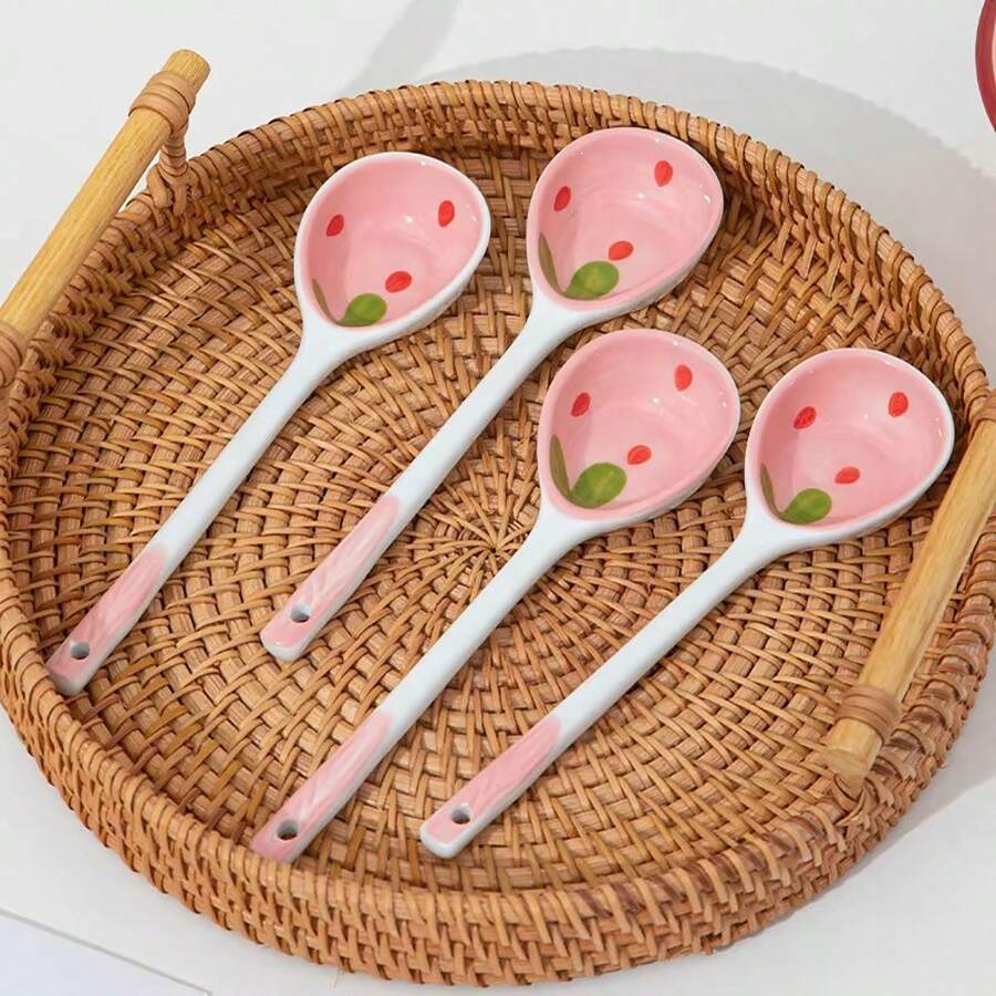 1pc Ceramic Strawberry Design Soup Spoon, Long Handle Dessert Spoon, Cute Tableware For Home Use - Pink - View 1