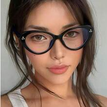 1pc New Cat Eye Rivet Non-Prescription Glasses Glasses, Fashion & Versatile - Black - View 6