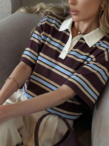 女士休闲宽松条纹 Polo 衫 T 恤，翻领设计，夏季街头风，适合约会和休闲场合。 - 棗紅桔藍條紋 - 查看 2