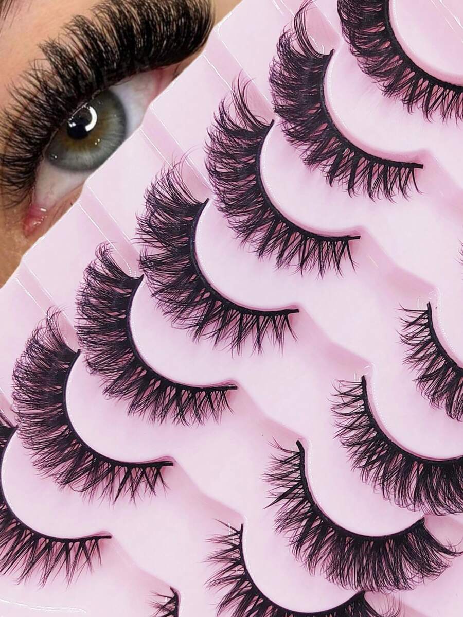 7 pares/paquete Pestañas postizas rusas con rizo DD, gruesas y esponjosas, para crear maquillaje de ojos de gato, pestañas postizas densas 8D delicadas, realzan el contorno del ojo, alargan y engrosanla línea de las pestañas, crean un maquillaje exquisito - Negro - Ver 1