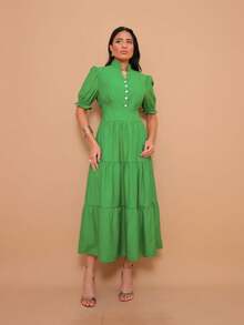Helena Elegant Luxury Midi Dress With Collar And Button Detail, Short Sleeves - màu xanh lá - Xem 2