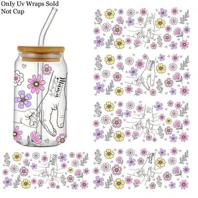 5 Packungen 3D Muttertags Blumen Aufkleber, Mutter Hand haltend 16oz Libbey Glas Dose Verpackung Aufkleber kratzfest PVC UV DTF Klebefolie für Gläser & Flaschen, hochwertige Bastelzubehör