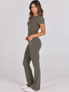 Lounge Sets For Women 2 Piece Foldover Yoga Flare Leggings Pants Crop Tops Casual Y2K Outfits Matching Tracksuit Set - Gray - 查看 3