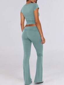 Lounge Sets For Women 2 Piece Foldover Yoga Flare Leggings Pants Crop Tops Casual Y2K Outfits Matching Tracksuit Set - 綠湖 - 查看 2