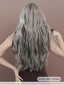 7JHH WIGS Silver Gray Wavy Wig With Bangs Highlight Black Hair Body Long Curly Wigs Natural Fluffy Soft Woven Synthetic Fiber Costume Colorful Wig For Women&Girls Halloween Christmas Festival Ready Party Cosplay Use 26 Inch - Silver - View 4