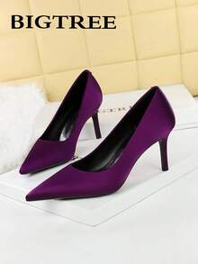 European & American Style Sexy Stiletto Shallow Satin Versatile Elegant Pointed Toe Women's High Heel Pumps, Party Shoes - Purple - View 2