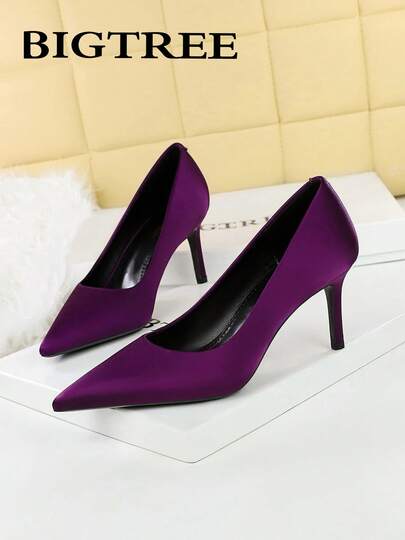 European & American Style Sexy Stiletto Shallow Satin Versatile Elegant Pointed Toe Women's High Heel Pumps, Party Shoes