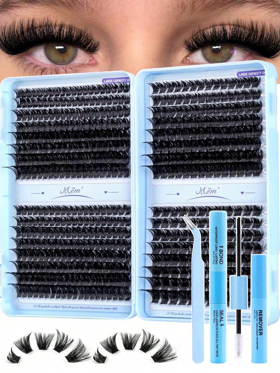640/528pcs D-Curl Fluffy False Eyelashes Set, Includes Beginner Eyelash Tutorial, Thick & Voluminous Detachable Lashes, With Glue, Sealer, Tweezers, Lash Brush, Enlarges Eyes, Lightweight & Reusable, Large Capacity Individual Lashes Set, Soft & Natural Mixed Lashes, Creates 3D Volumized Eye Makeup, Suitable For DIY At Home, Travel, Daily Commute, Parties, Weddings, Bridal Makeup - 黑色 - 查看 1